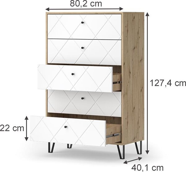 Kredenc Vicco Nizza Řemeslný dub 80.2 x 127.4 cm s 5 zásuvkami, Model 57498