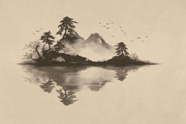 Fototapety Horská krajina v technice sumi-e s borovicemi a odrazem, Fototapety příroda, w05124 : uwalls.cz