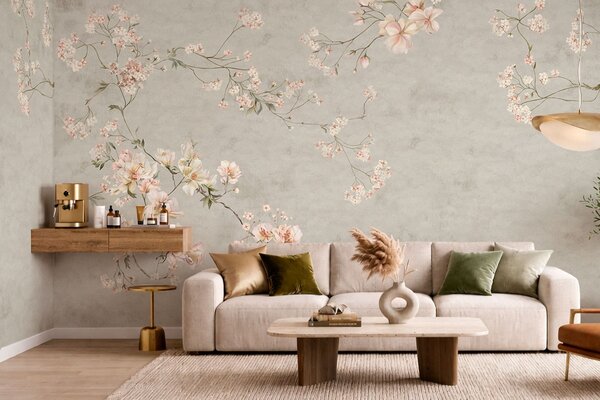 Fototapety Květinové větve ve stylu chinoiserie na šedém pozadí, Fototapety vintage, w05427v1 : uwalls.cz