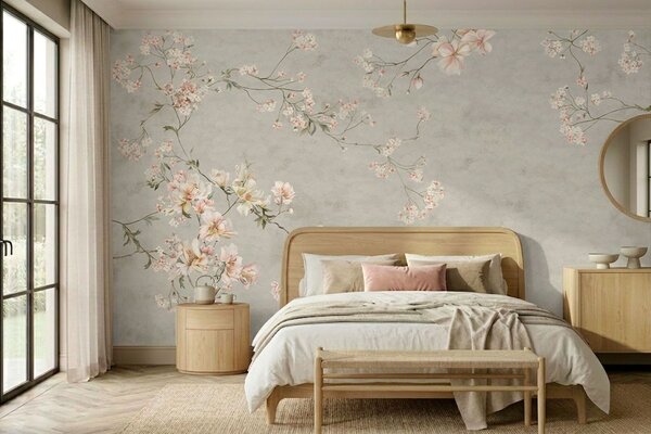 Fototapety Květinové větve ve stylu chinoiserie na šedém pozadí, Fototapety vintage, w05427v1 : uwalls.cz