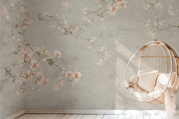 Fototapety Květinové větve ve stylu chinoiserie na šedém pozadí, Fototapety vintage, w05427v1 : uwalls.cz