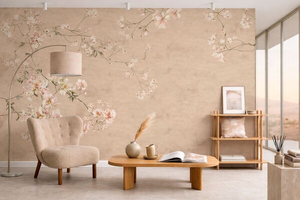 Fototapety Květinové větve ve stylu chinoiserie na teplém béžovém pozadí, Fototapety vintage, w05427v2 : uwalls.cz
