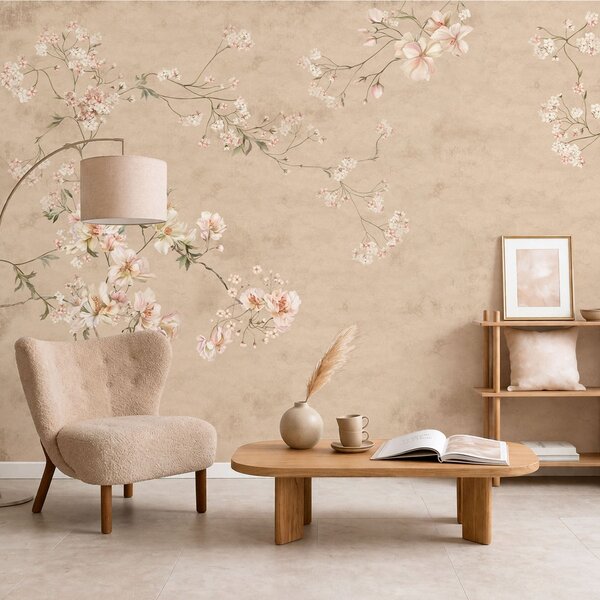 Fototapety Květinové větve ve stylu chinoiserie na teplém béžovém pozadí, Fototapety vintage, w05427v2 : uwalls.cz