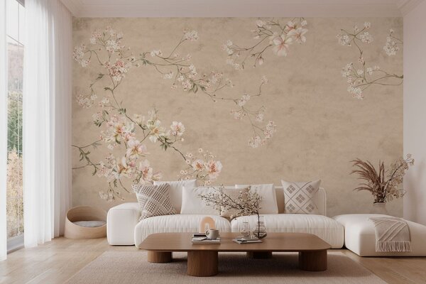 Fototapety Květinové větve ve stylu chinoiserie na teplém béžovém pozadí, Fototapety vintage, w05427v2 : uwalls.cz