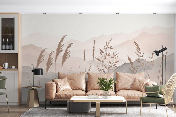 Fototapety Siluety trávy na pozadí hor, Fototapety příroda, w05501v1 : uwalls.cz