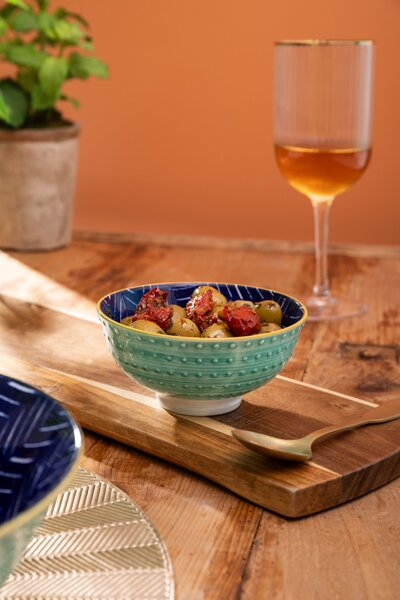 Kameninová Miska 250 ml 12 cm Mikasa na Snídaně, Müsli, Rýži a Dipy - modro-tyrkysový geometrický vzor MKNBOWL18