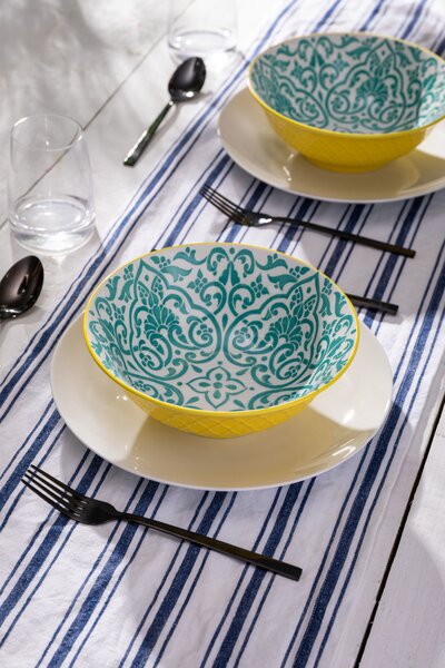 Kameninová Miska 900 ml 21 cm Mikasa na Těstoviny, Saláty, Nudle a Bowl Jídla - žluto-modrý geometrický vzor MKRBOWL41