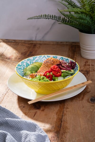 Kameninová Miska 900 ml 21 cm Mikasa na Těstoviny, Saláty, Nudle a Bowl Jídla - žluto-modrý geometrický vzor MKRBOWL41