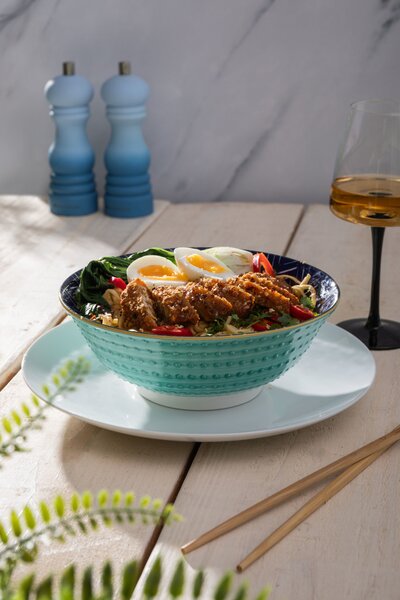 Kameninová Miska 900 ml 21 cm Mikasa na Těstoviny, Saláty, Nudle a Bowl Jídla - modro-tyrkysový geometrický vzor MKRBOWL18