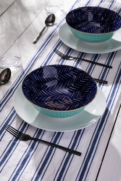 Kameninová Miska 900 ml 21 cm Mikasa na Těstoviny, Saláty, Nudle a Bowl Jídla - modro-tyrkysový geometrický vzor MKRBOWL18