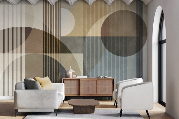 Fototapety Abstraktní geometrické tvary tvořené kruhy a čarami, tlumené zemité odstíny, strukturovaná,, Fototapety geometrie, w09834 : uwalls.cz