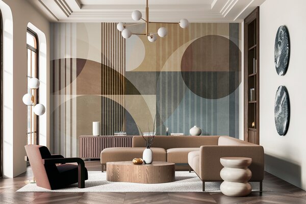 Fototapety Abstraktní geometrické tvary tvořené kruhy a čarami, tlumené zemité odstíny, strukturovaná,, Fototapety geometrie, w09834 : uwalls.cz