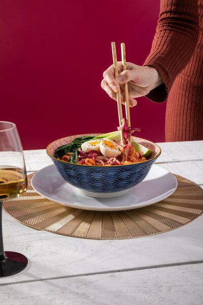 Kameninová Miska 900 ml 21 cm Mikasa na Těstoviny, Saláty, Nudle a Bowl Jídla - červeno-modrý obloukový vzor MKRBOWL27