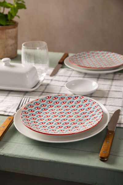 Kameninový Talíř 18 cm Mikasa na Dezerty, Brunch a Tapas - zeleno-modrý geometrický vzor MKSPLATE31