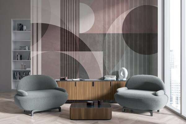 Fototapety Abstraktní geometrické tvary tvořené kruhy a čarami, tlumené barvy, strukturovaná, vrstevnatá, Fototapety geometrie, w09834v1 : uwalls.cz
