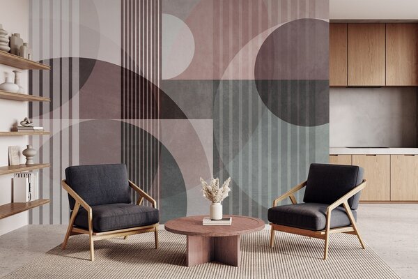 Fototapety Abstraktní geometrické tvary tvořené kruhy a čarami, tlumené barvy, strukturovaná, vrstevnatá, Fototapety geometrie, w09834v1 : uwalls.cz