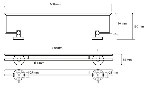 Sapho Sapho, X-ROUND E polička skleněná s výklopnou hrazdou 600x130mm, mléčné sklo, chrom, XR600