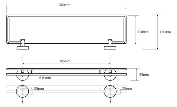 Sapho Sapho, X-ROUND E polička skleněná s výklopnou hrazdou 300x130mm, mléčné sklo, chrom, XR607
