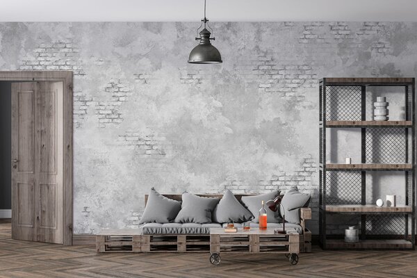 Fototapety Šedá omítka ve stylu grunge s prvky obnažených cihel, Fototapety Průmyslový styl, w05161v2 : uwalls.cz