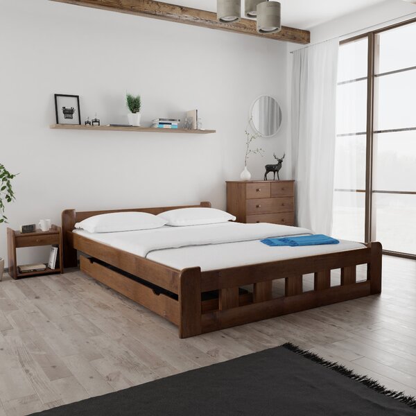 Postel Naomi zvýšená 140 x 200 cm, dub s lamelovým roštem a matrací Deluxe 10 cm