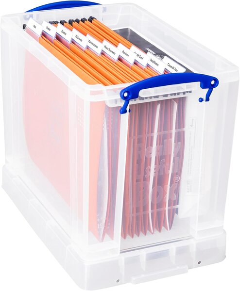 Robustní plastový box na zavěšení euro-složek/desek, transparentní, 24l Manutan