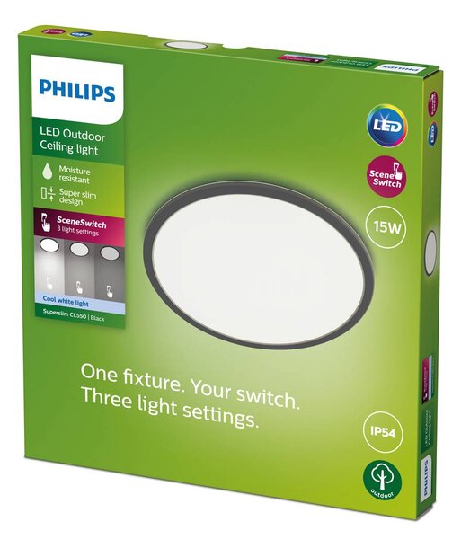 Philips SuperSlim LED IP54 Ø 25cm 4 000K černá, stmívatelný, Černá, kov