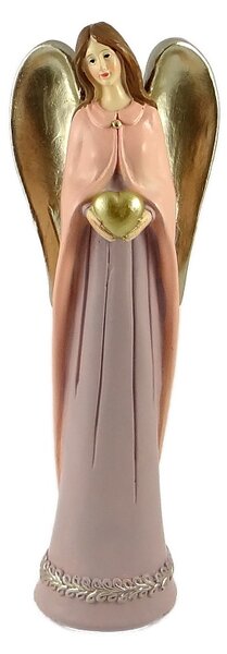 Anděl ve fialovo-růžových šatech se zlatými křídly a srdcem 22 cm – dekorativní soška z polyresinu (Dekorativní andělská figurka srdce 22 cm fialovo-růžová)
