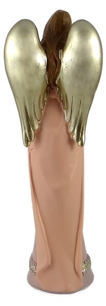 Anděl ve fialovo-růžových šatech se zlatými křídly a srdcem 22 cm – dekorativní soška z polyresinu (Dekorativní andělská figurka srdce 22 cm fialovo-růžová)