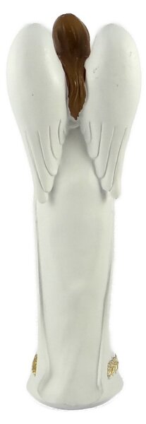 Anděl v bílých šatech se zlato-stříbrnou krajkou a se srdcem na šňůrce 22 cm – elegantní soška (Bílá andělská soška se zlatou krajkou a srdcem)