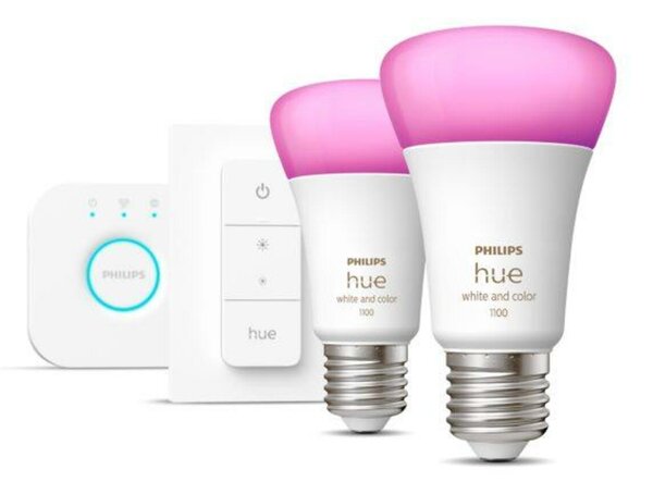 Philips HUE sada Bridge + 2x WACA LED žárovka E27 A60 9W 1100lm 2000-6500K RGB IP20 + ovladač
