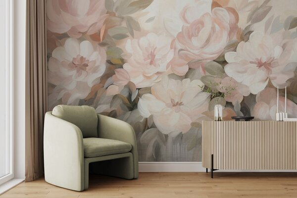 Fototapety Světle růžové a bílé květy se zelenými listy, malířský styl, impresionistický styl, texturované, Fototapety akvarel, w09824 : uwalls.cz