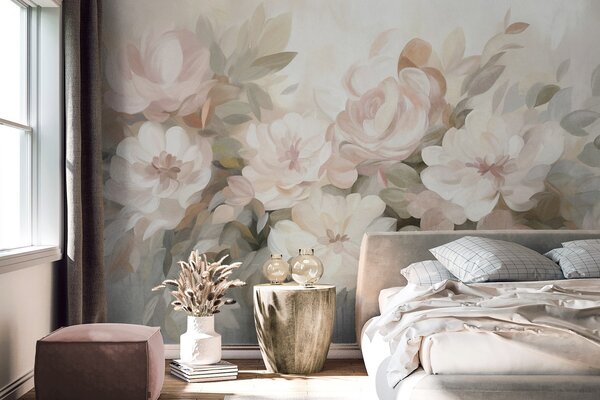 Fototapety Světle růžové a bílé květy se zelenými listy, malířský styl, impresionistický styl, texturované, Fototapety akvarel, w09824 : uwalls.cz