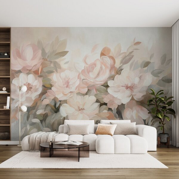 Fototapety Světle růžové a bílé květy se zelenými listy, malířský styl, impresionistický styl, texturované, Fototapety akvarel, w09824 : uwalls.cz
