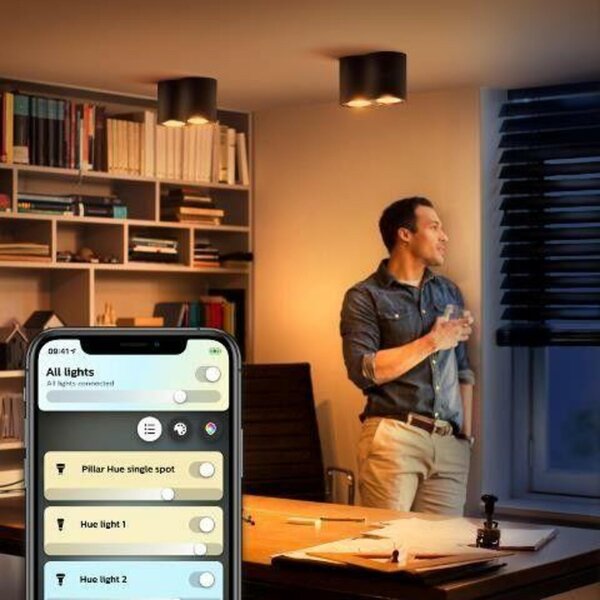 PHILIPS HUE Hue White Ambiance Stropní bodové svítidlo Philips Pillar BT 8719514338425 LED GU10 2x5W 2x350lm 2200-6500K 230V, černé s dálkovým ovladačem a Bluetooth