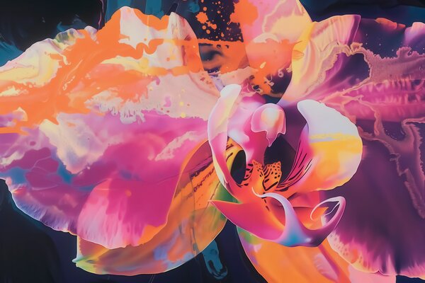 Fototapety Živý abstraktní motiv orchideje s sytými barvami a dynamickými tvary ve stylu akvarelu, Fototapety květiny, w09855 : uwalls.cz