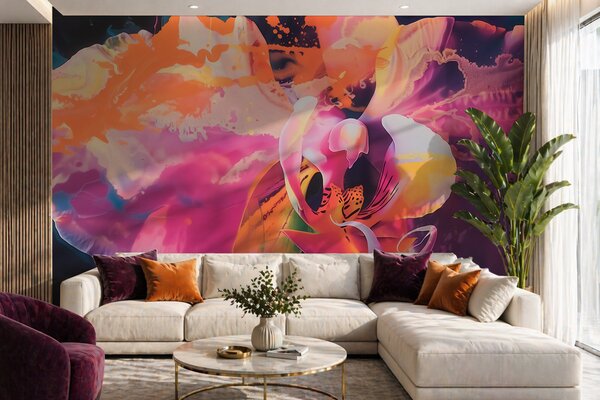 Fototapety Živý abstraktní motiv orchideje s sytými barvami a dynamickými tvary ve stylu akvarelu, Fototapety květiny, w09855 : uwalls.cz