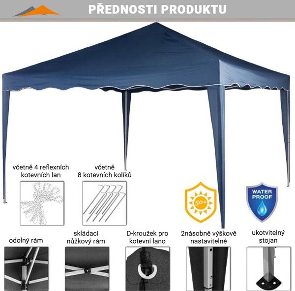 Zahradní nůžkový párty stan 3×3 m modrý s bočnicemi