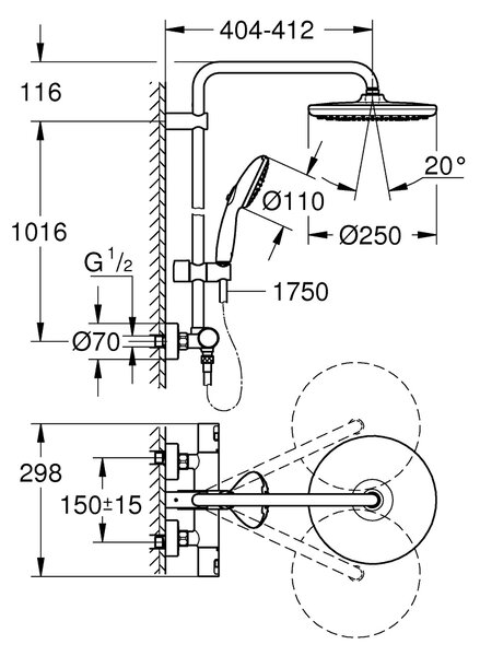 Grohe Vitalio Start System sprchová sada na stěnu s termostatem s dešťovou sprchou chrom 26677001