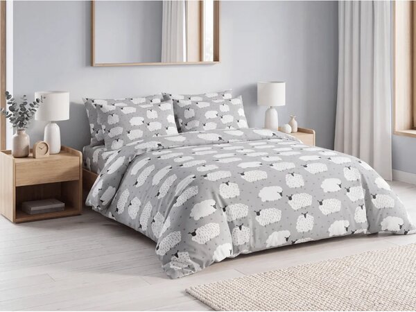 Sada krepového povlečení WHITE SHEEPS POLY šedé + prostěradlo Jersey 90 x 200 cm šedé, jednolůžko