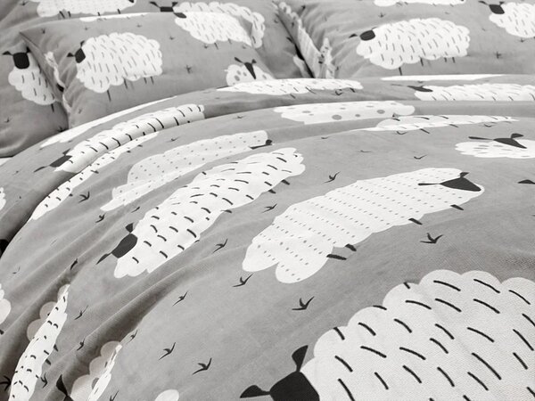 Sada krepového povlečení WHITE SHEEPS POLY šedé + prostěradlo Jersey 90 x 200 cm šedé, jednolůžko