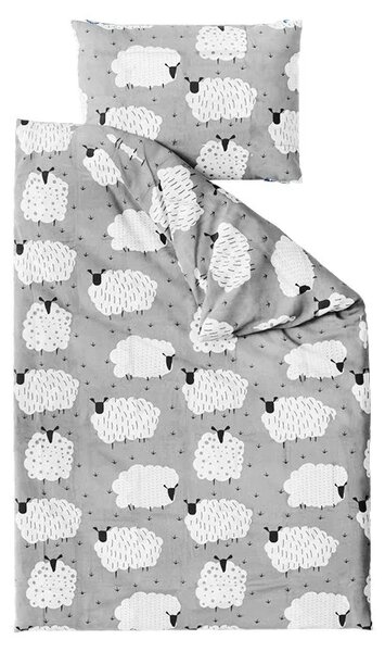 Sada krepového povlečení WHITE SHEEPS POLY šedé + prostěradlo Jersey 90 x 200 cm šedé, jednolůžko