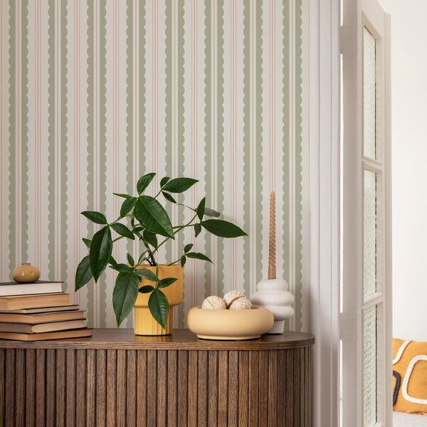 Tapety Světle zelené vlnovky s oranžovými tečkami, Tapety geometrie, Tapety pruhy, a01185v3 : uwalls.cz