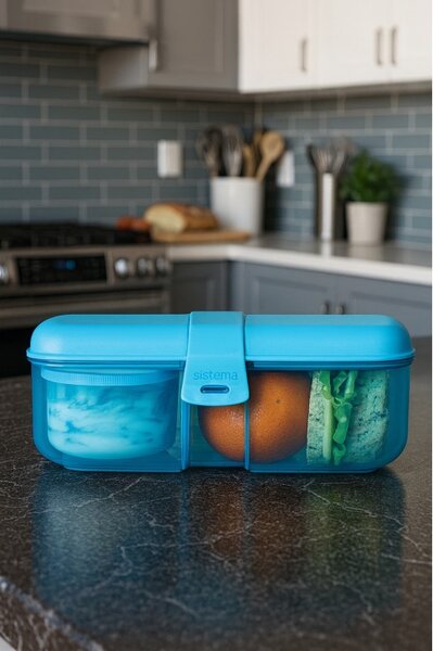 Sistema Dělený svačinový box Lunch Ribbon s nádobou na jogurt 1,1 l, modrá