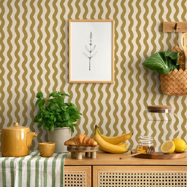 Tapety Vlnitý žlutý vzor na krémovém pozadí, Tapety geometrie, Tapety pruhy, a01188v5 : uwalls.cz