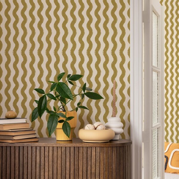 Tapety Vlnitý žlutý vzor na krémovém pozadí, Tapety geometrie, Tapety pruhy, a01188v5 : uwalls.cz