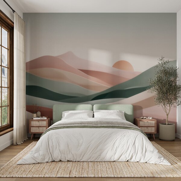 Fototapety Abstraktní pouštní krajina v pastelově zeleno-růžové barevné škále, minimalismus, Tapety Unikátní, w09860 : uwalls.cz