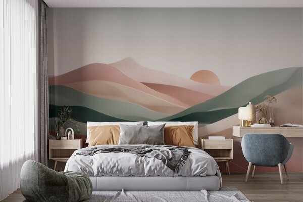 Fototapety Abstraktní pouštní krajina v pastelově zeleno-růžové barevné škále, minimalismus, Tapety Unikátní, w09860 : uwalls.cz