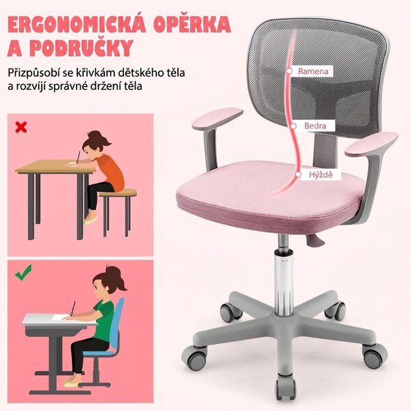 Dětská otočná židle s područkami, růžovo-šedá HY10252PK