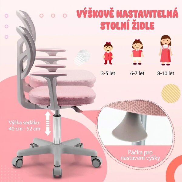Dětská otočná židle s područkami, růžovo-šedá HY10252PK