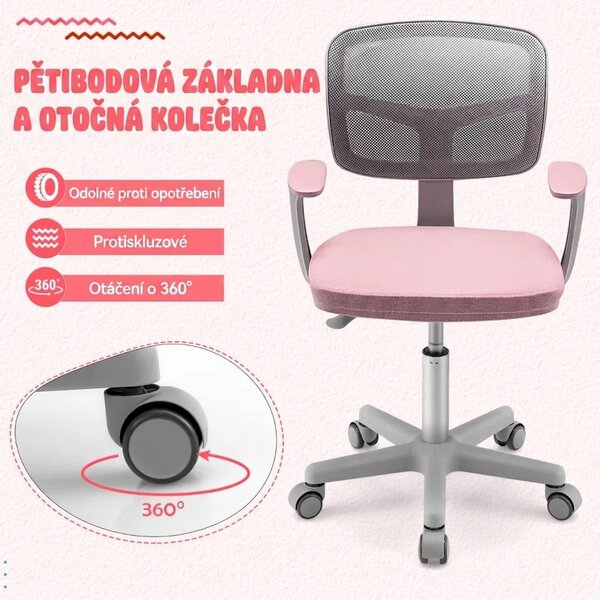 Dětská otočná židle s područkami, růžovo-šedá HY10252PK